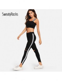 Leggings Black Striped Side Ripped Fitness Leggings Women Workout Stretchy Leggings 2018 Autumn Casual Pants And Bottoms - Bl...