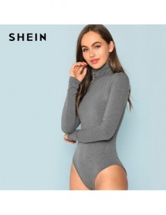 Bodysuits Grey Elegant Modern Lady High Neck Heather Knit Mid Waist Solid Skinny Bodysuit 2018 Autumn Casual Women Bodysuits ...