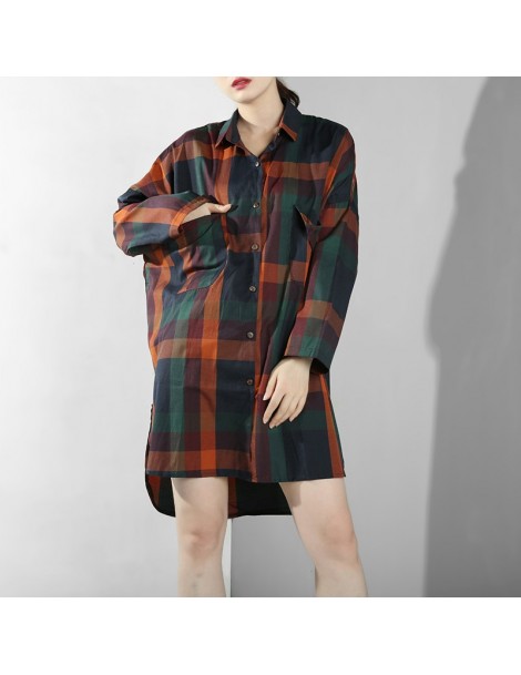 Blouses & Shirts 2019 New Spring Summer Lapel Long Sleeve Plaid Printed Irregular Loose Big Size Shirt Women Blouse Fashion T...