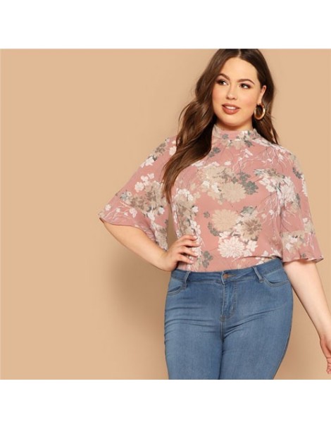 Blouses & Shirts Pink Mock-Neck Curved Hem Floral Print Half Sleeve Plus Size Women Tops Summer Elegant Keyhole Back Flounce ...