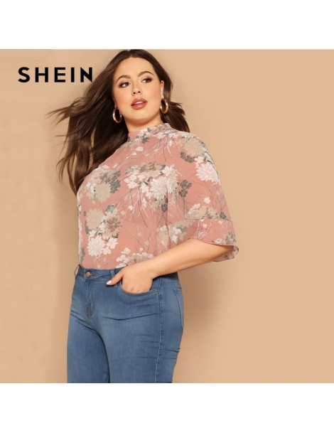 Blouses & Shirts Pink Mock-Neck Curved Hem Floral Print Half Sleeve Plus Size Women Tops Summer Elegant Keyhole Back Flounce ...