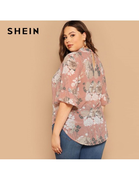 Blouses & Shirts Pink Mock-Neck Curved Hem Floral Print Half Sleeve Plus Size Women Tops Summer Elegant Keyhole Back Flounce ...