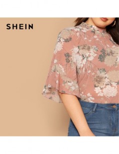 Blouses & Shirts Pink Mock-Neck Curved Hem Floral Print Half Sleeve Plus Size Women Tops Summer Elegant Keyhole Back Flounce ...