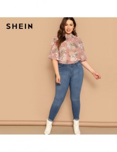 Blouses & Shirts Pink Mock-Neck Curved Hem Floral Print Half Sleeve Plus Size Women Tops Summer Elegant Keyhole Back Flounce ...