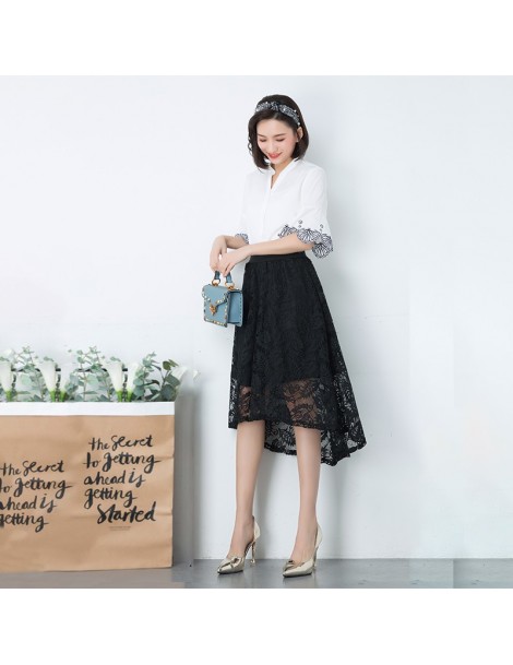 Skirts 2019 New Fashion Women Short Skirt Summer Black Lace Skirt Female Floral Print Mid-Calf Asymmetrical Lady Skirt - Blac...