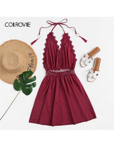 Dresses Burgundy Guipure Lace Trim Fringe Halter Dress Women 2019 Summer Boho Sleeveless Knot A Line Ladies Holiday Short Dre...