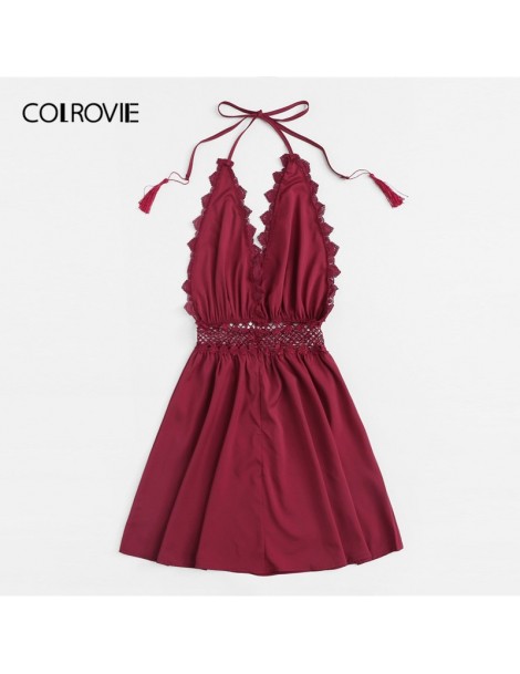 Dresses Burgundy Guipure Lace Trim Fringe Halter Dress Women 2019 Summer Boho Sleeveless Knot A Line Ladies Holiday Short Dre...