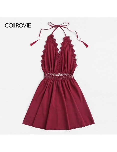 Dresses Burgundy Guipure Lace Trim Fringe Halter Dress Women 2019 Summer Boho Sleeveless Knot A Line Ladies Holiday Short Dre...