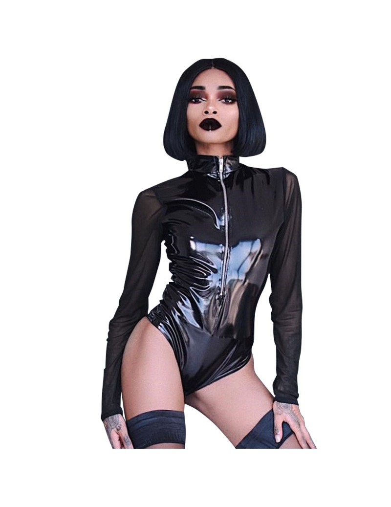 Sexy Women Pu Leather Bodysuit Sheer Mesh Splice Long Sleeve Bodysuit Black Zipper Turtleneck 2757