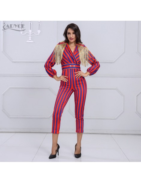 Jumpsuits New Runway Fringe Striped Jumpsuits For Women 2019 Celebrity Party Jumpsuit Long Sleeve Red Blue Tassel Jumpsuit Bo...