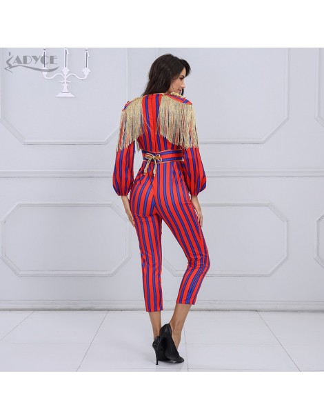 Jumpsuits New Runway Fringe Striped Jumpsuits For Women 2019 Celebrity Party Jumpsuit Long Sleeve Red Blue Tassel Jumpsuit Bo...