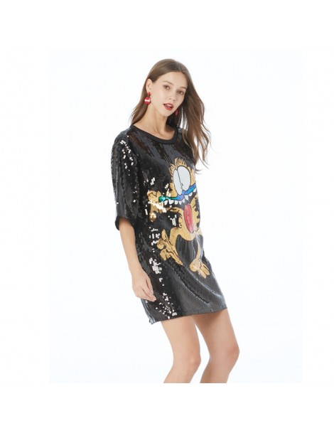 T-Shirts 2019 Shimmer Half Sleeve Baggy Sequin T Shirt Top Loose Plus Size Cute Cartoon Cat Print Sequin Long Tee Top For Tee...