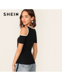 T-Shirts Black Sporty Contrast Binding Cutout Detail Tshirt Women Summer Casual Slim Fit Asymmetrical Neck T Shirt Ladies Top...