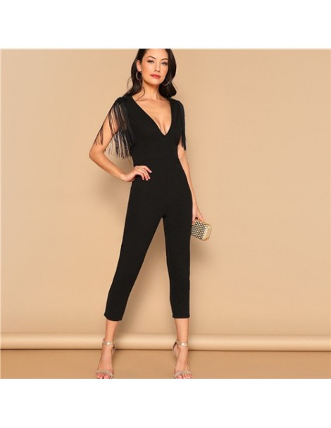 Jumpsuits Party Black Plunging Neck Fringe Fitted Skinny Jumpsuit 2019 Summer Women Maxi Deep V Neck Long Sleeve Jumpsuit - B...