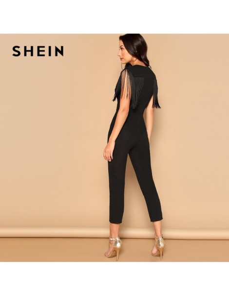 Jumpsuits Party Black Plunging Neck Fringe Fitted Skinny Jumpsuit 2019 Summer Women Maxi Deep V Neck Long Sleeve Jumpsuit - B...