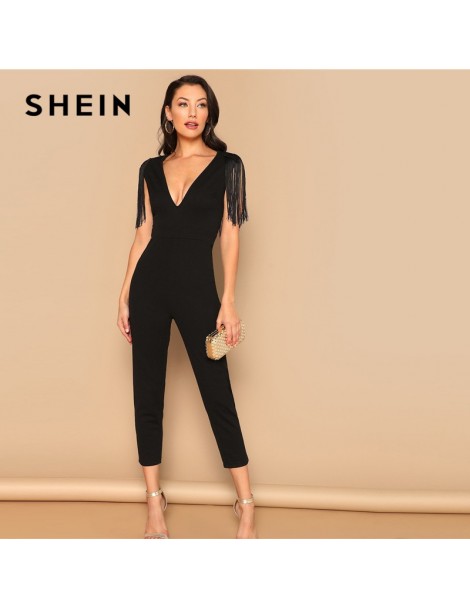 Jumpsuits Party Black Plunging Neck Fringe Fitted Skinny Jumpsuit 2019 Summer Women Maxi Deep V Neck Long Sleeve Jumpsuit - B...