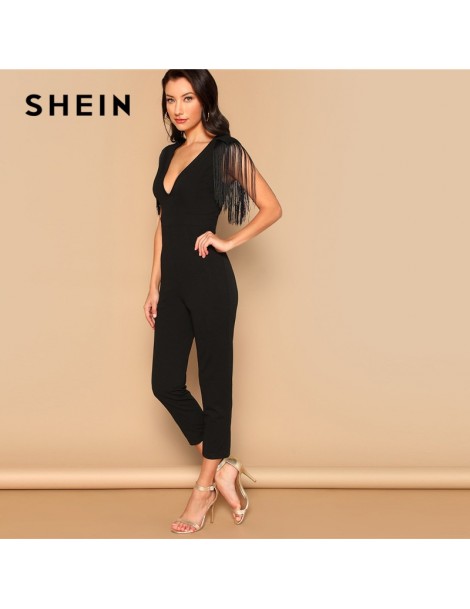 Jumpsuits Party Black Plunging Neck Fringe Fitted Skinny Jumpsuit 2019 Summer Women Maxi Deep V Neck Long Sleeve Jumpsuit - B...