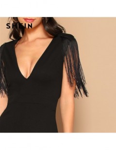 Jumpsuits Party Black Plunging Neck Fringe Fitted Skinny Jumpsuit 2019 Summer Women Maxi Deep V Neck Long Sleeve Jumpsuit - B...