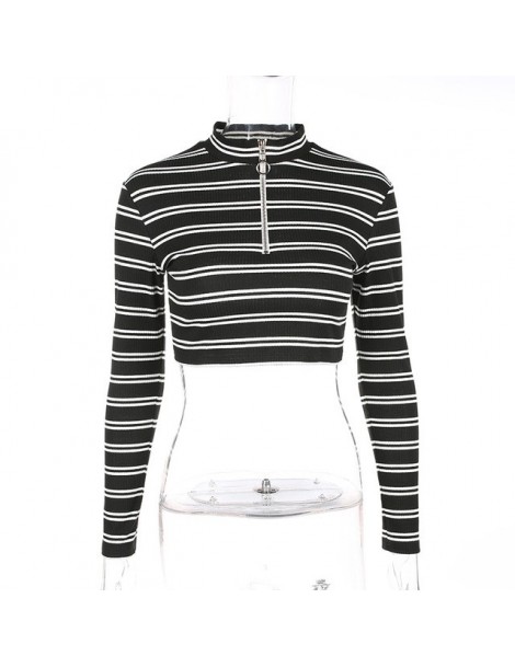 T-Shirts Streetwear Knitted Stripe Tshirt Women Bodycon Long Sleeve Crop Top Zipper Spring Autumn T Shirt Tees Casual Clothes...