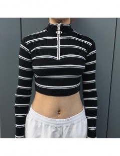 T-Shirts Streetwear Knitted Stripe Tshirt Women Bodycon Long Sleeve Crop Top Zipper Spring Autumn T Shirt Tees Casual Clothes...