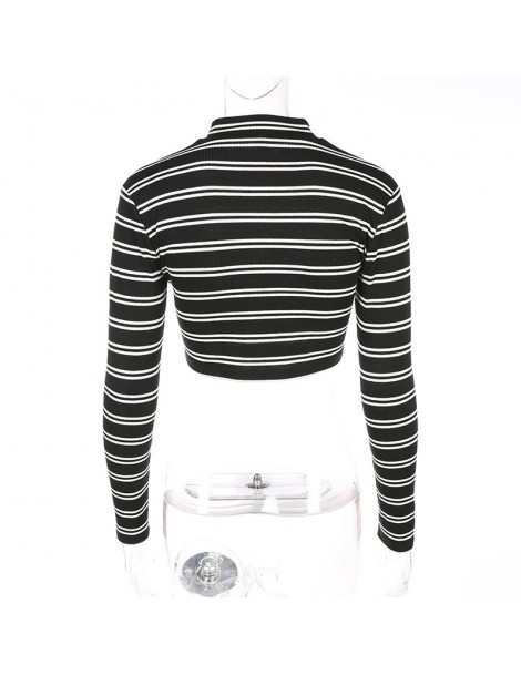 T-Shirts Streetwear Knitted Stripe Tshirt Women Bodycon Long Sleeve Crop Top Zipper Spring Autumn T Shirt Tees Casual Clothes...