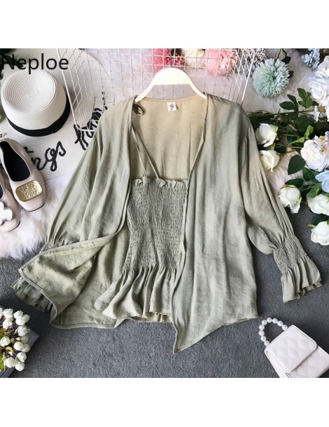 Blouses & Shirts Chiffon Women Blouse Summer 2019 New Slash Neck Flare Sleeve Blusa Loose Sunscreen Shirts+Slim Waist Camis 4...