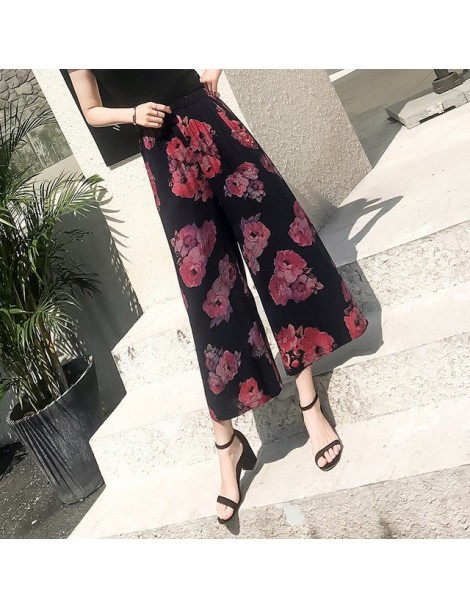 Pants & Capris 2019 Women's Summer Casual Retro Print Bohemian Wide Leg Pants High Waist Wide Legs Trousers Elastic Waist Bea...