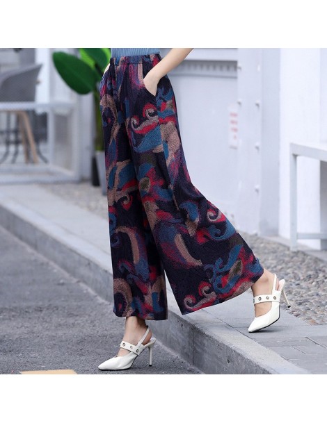 Pants & Capris 2019 Women's Summer Casual Retro Print Bohemian Wide Leg Pants High Waist Wide Legs Trousers Elastic Waist Bea...