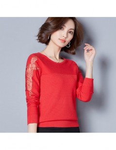 Pullovers Lace Emboridery Diamond On Sleeve New Women Sweater Pullover Knitted Red Black Gray Women Jumper C79803 - Gray - 4Y...