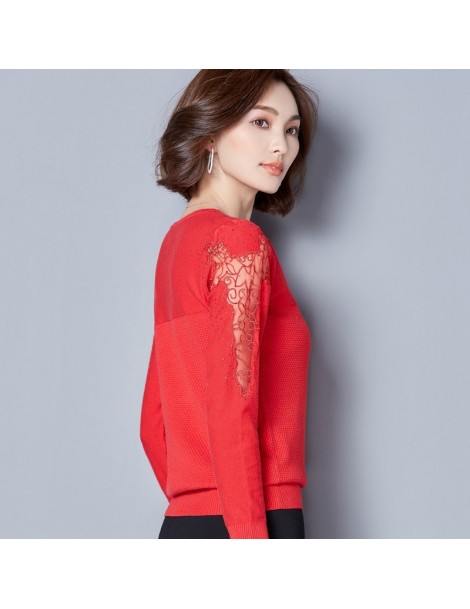 Pullovers Lace Emboridery Diamond On Sleeve New Women Sweater Pullover Knitted Red Black Gray Women Jumper C79803 - Gray - 4Y...