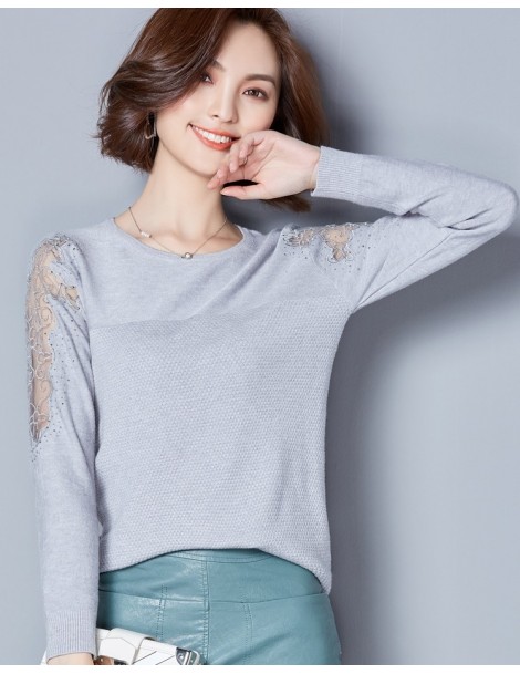 Pullovers Lace Emboridery Diamond On Sleeve New Women Sweater Pullover Knitted Red Black Gray Women Jumper C79803 - Gray - 4Y...