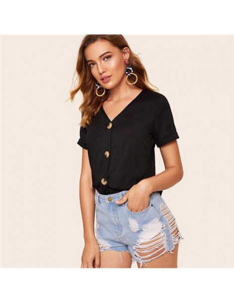 T-Shirts Black Casual V Neck T-shirt Women 2019 Summer Short Sleeve Tee Top Ladies Button Detail Roll Up Sleeve Minimalist To...