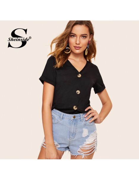 T-Shirts Black Casual V Neck T-shirt Women 2019 Summer Short Sleeve Tee Top Ladies Button Detail Roll Up Sleeve Minimalist To...