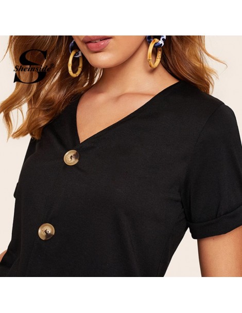 T-Shirts Black Casual V Neck T-shirt Women 2019 Summer Short Sleeve Tee Top Ladies Button Detail Roll Up Sleeve Minimalist To...