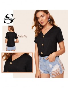 T-Shirts Black Casual V Neck T-shirt Women 2019 Summer Short Sleeve Tee Top Ladies Button Detail Roll Up Sleeve Minimalist To...