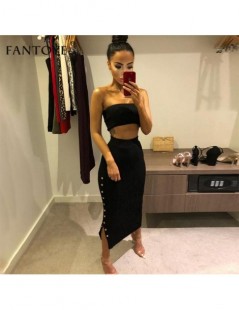 Women's Sets Strapless Sleeveless 2 Piece Set Ribbed Sexy High Waist Button Splits Long Bodycon Women Outfits Christmas Femme...