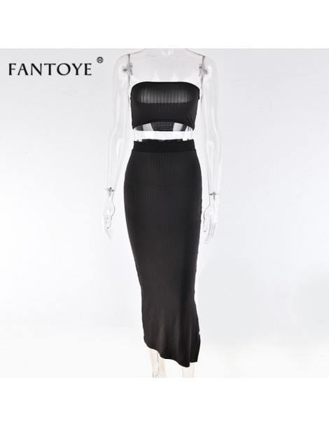 Women's Sets Strapless Sleeveless 2 Piece Set Ribbed Sexy High Waist Button Splits Long Bodycon Women Outfits Christmas Femme...