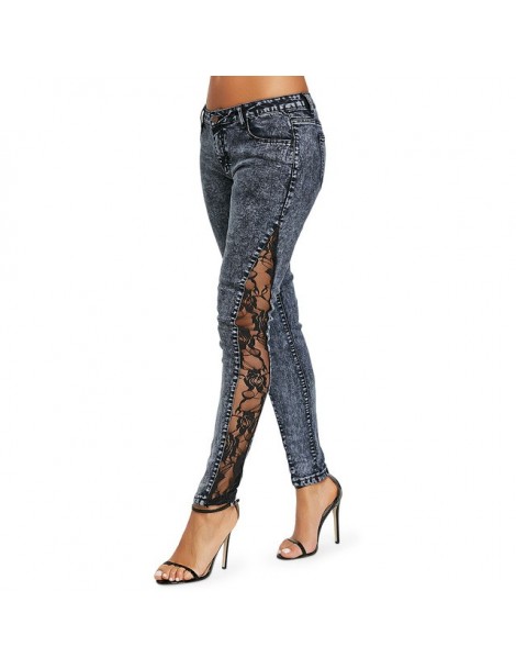 Jeans Women Jeans Plus Size Sheer Lace Side Low Waist Jeans Slim Casual Skinny Lace Panel Pencil Denim See Through Pants - Bl...