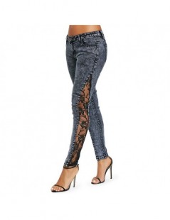 Jeans Women Jeans Plus Size Sheer Lace Side Low Waist Jeans Slim Casual Skinny Lace Panel Pencil Denim See Through Pants - Bl...