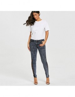 Jeans Women Jeans Plus Size Sheer Lace Side Low Waist Jeans Slim Casual Skinny Lace Panel Pencil Denim See Through Pants - Bl...