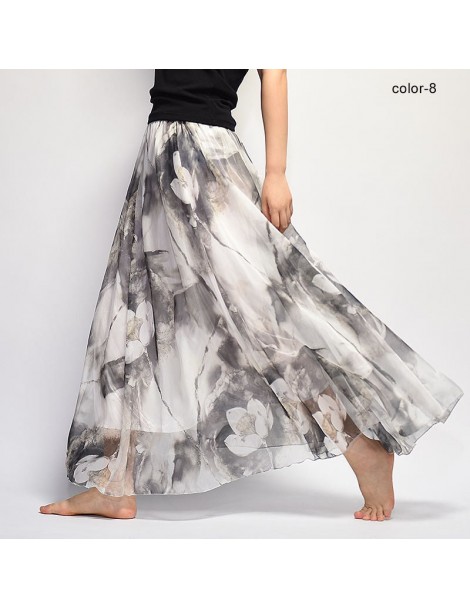 Skirts Women Fashion Florals Print Long Skirt Female Boho Style Elastic High Waist Chiffon Casual Beach Skirts Saias 19 Color...