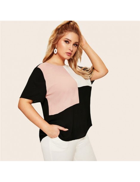 Blouses & Shirts Plus Size Keyhole Back Cut-And-Sew Women Blouse Summer Casual Colorblock Round Neck Short Sleeve Blouse Ladi...