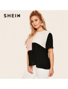 Blouses & Shirts Plus Size Keyhole Back Cut-And-Sew Women Blouse Summer Casual Colorblock Round Neck Short Sleeve Blouse Ladi...