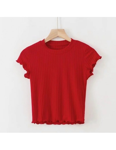 T-Shirts Women Ribbed Fit Crop Tee with Cap Sleeve Frill Trimmed Crop T-shirt - red - 464133813814-4 $11.52