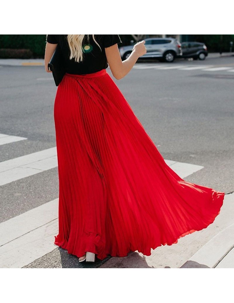 Women Pleated Skirts Solid Color Bohemian Slim Fit Female Long Skirts