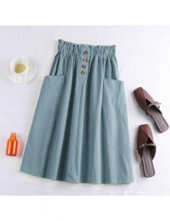 Skirts Midi Knee Length Cotton Summer Skirt Women 2019 Fashion Button Pocket A-line High Waist Sun School Skirt Female - ligh...