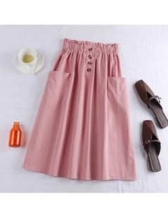 Skirts Midi Knee Length Cotton Summer Skirt Women 2019 Fashion Button Pocket A-line High Waist Sun School Skirt Female - ligh...