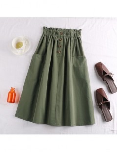 Skirts Midi Knee Length Cotton Summer Skirt Women 2019 Fashion Button Pocket A-line High Waist Sun School Skirt Female - ligh...