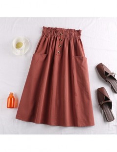 Skirts Midi Knee Length Cotton Summer Skirt Women 2019 Fashion Button Pocket A-line High Waist Sun School Skirt Female - ligh...