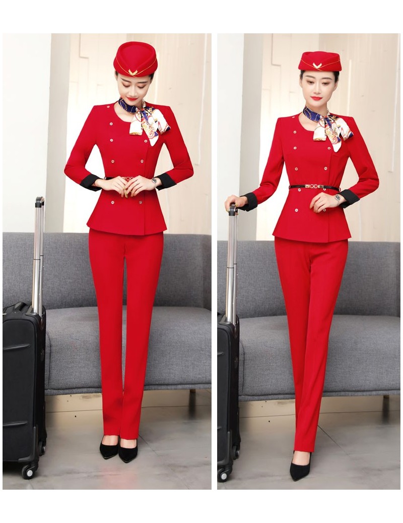 New Style Red Airline Stewardess Waiter Clothes Women pant suit Hotel ...